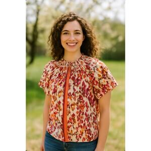THML Ruffle Sleeve Flower Print Top Fall Colorblock Stripe Detail Smocking S